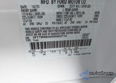 2025 Ford Maverick Xl из США, поврежденный, VIN 3FTTW8BA9SRB62714